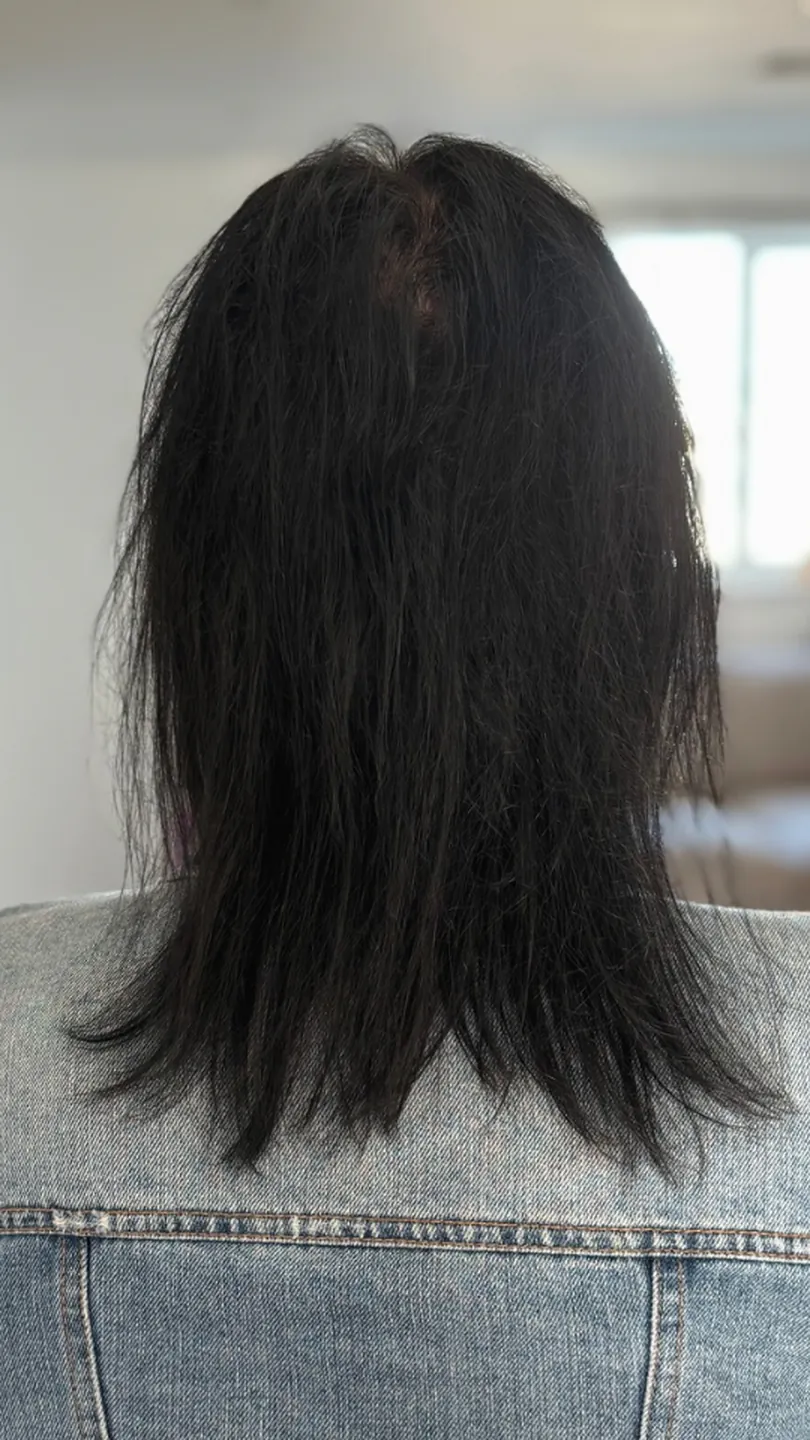 Hair extensions and thickening on black hair: shoulder length to mid-back — before